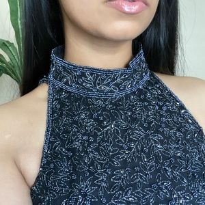 100% silk black and blue beaded evening top
